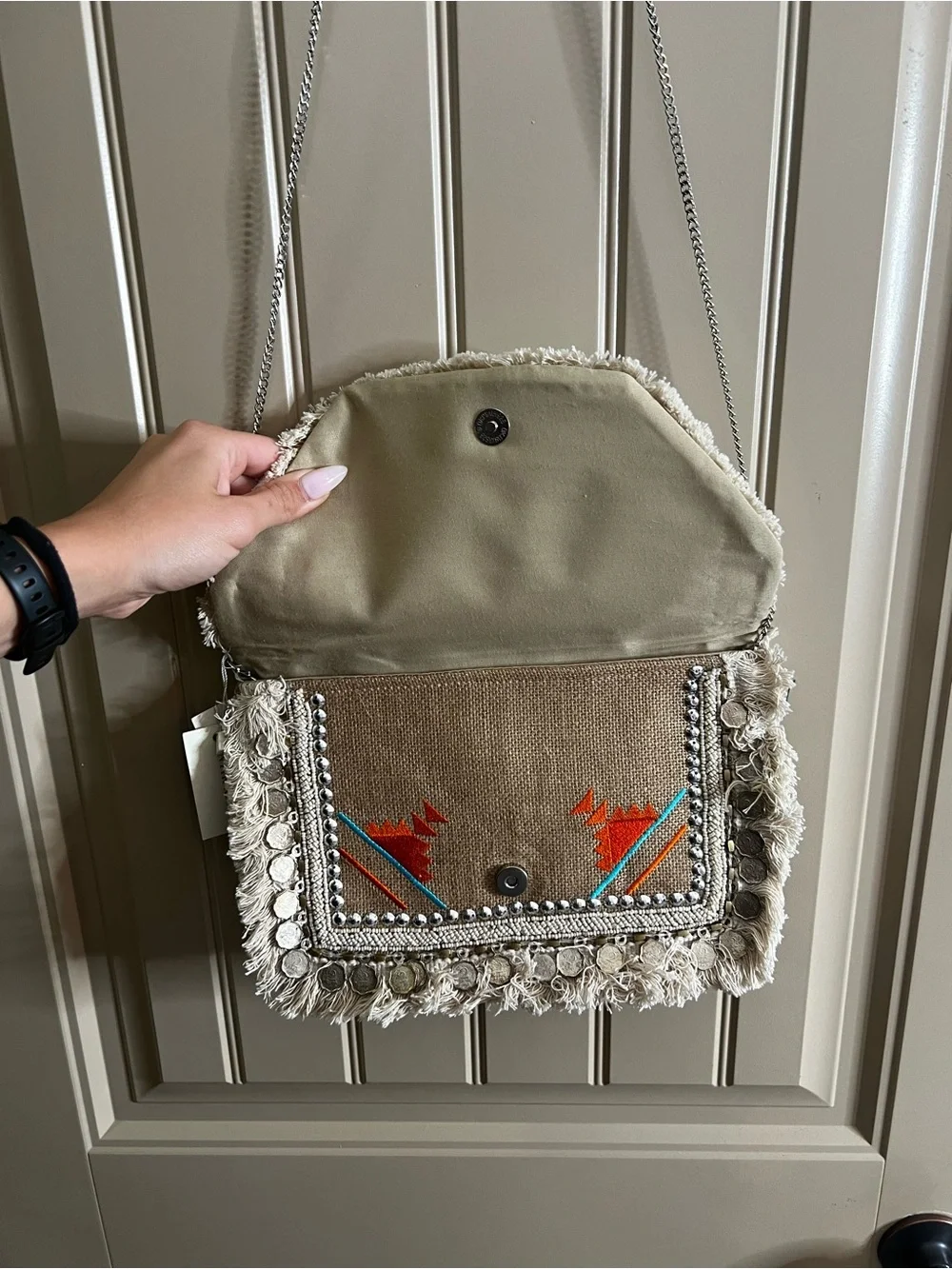 Boho Fringe Embroidered Crossbody Bag in Beige and Turquoise